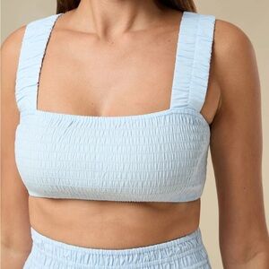 Rachel Parcell Smocked Crop Top Blue Ice Water Cotton Poplin Stretch Sz S NEW